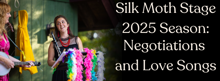 Two women performing music on the Silk Moth Stage. One plays a banjo. The other holds a clarinet, and is singing.